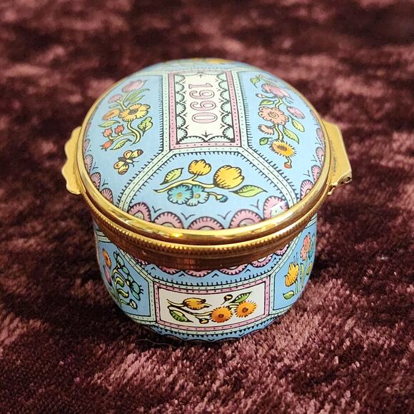 Halcyon Days Enamels 1990 A Year to Remember Enamel Trinket Box Blue Floral - Picture 7 of 9